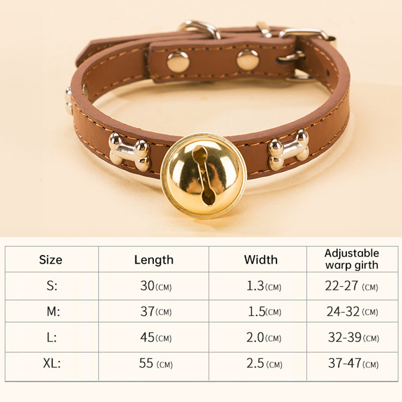 Cute Pet Collar with Brass Bell - Adjustable PU Leather Dog Collar