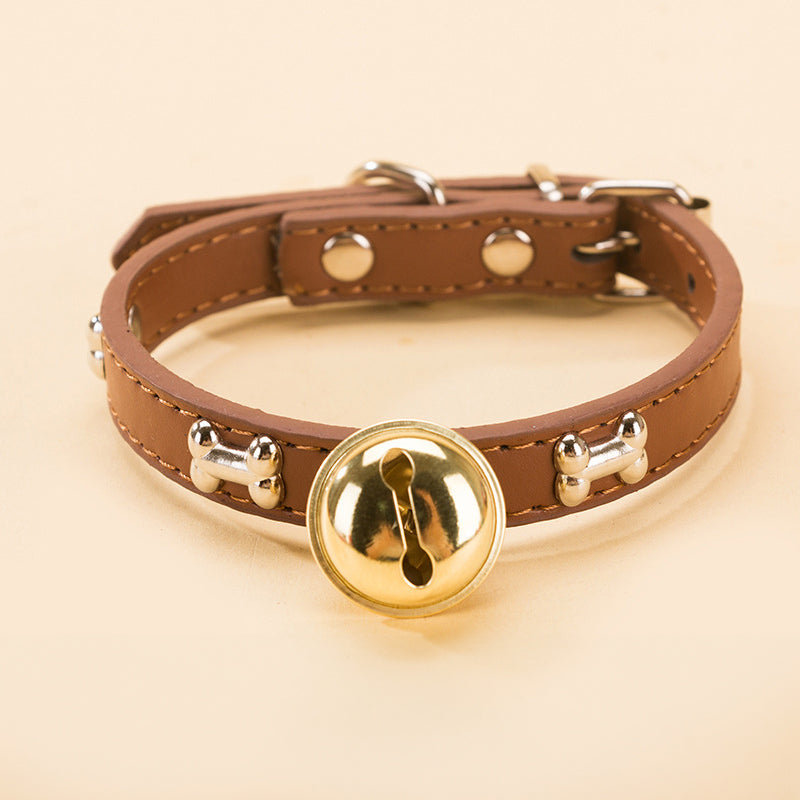 Cute Pet Collar with Brass Bell - Adjustable PU Leather Dog Collar