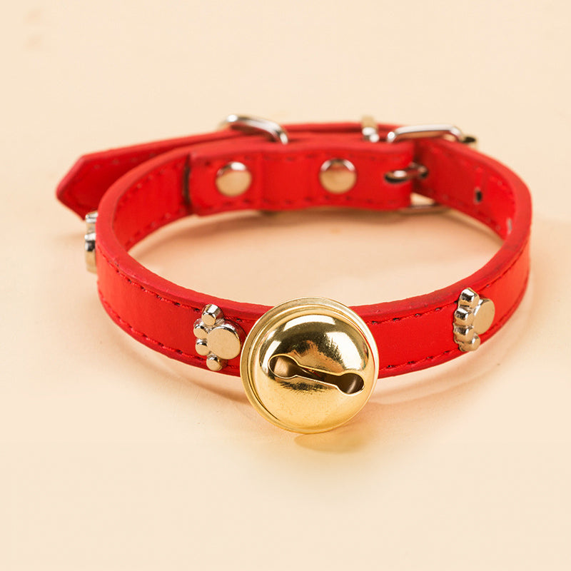 Cute Pet Collar with Brass Bell - Adjustable PU Leather Dog Collar